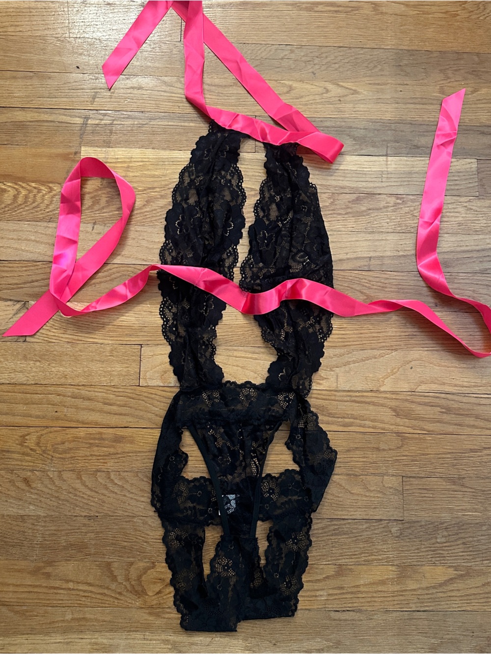 Amazon Black Lace and Hot Pink Ribbon Halter Lingerie Bodysuit